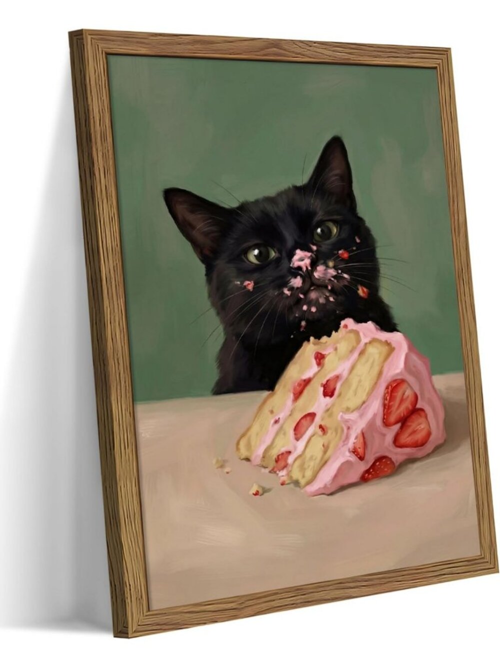 Whimsical Vintage Cat Wall Art - Cute Black Cat Eating Strawberry Cake Canvas
